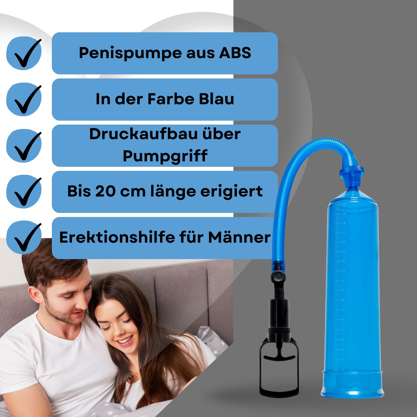 Blaue Penis-Pumpe mit Pumpgriff. Text: Penis-Pumpe aus ABS, blau, bis 20 cm erigiert. Paar im Bett.
