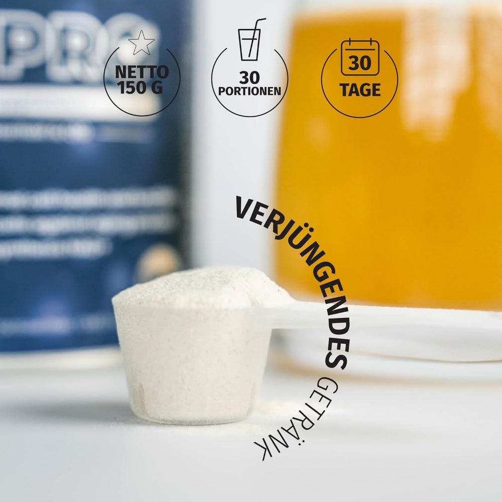 Nahaufnahme: Messlöffel mit Pulver. Text: Verjüngendes Getränk. Dose CELL PRO, blau. 150g. 30 Portionen.