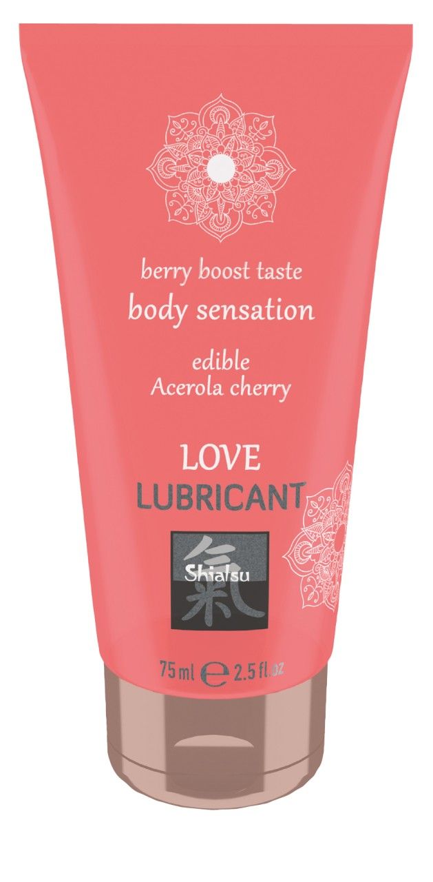 Rosa Tube mit weißer Schrift. Text: berry boost taste, body sensation, edible, Acerola cherry, LOVE LUBRICANT. Shiatsu Logo.