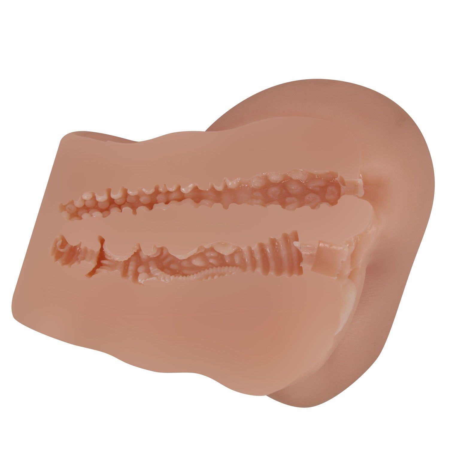 Masturbator in Hautfarbe. Innenseite mit geriffelter Struktur. Geformt wie ein weiblicher Intimbereich.