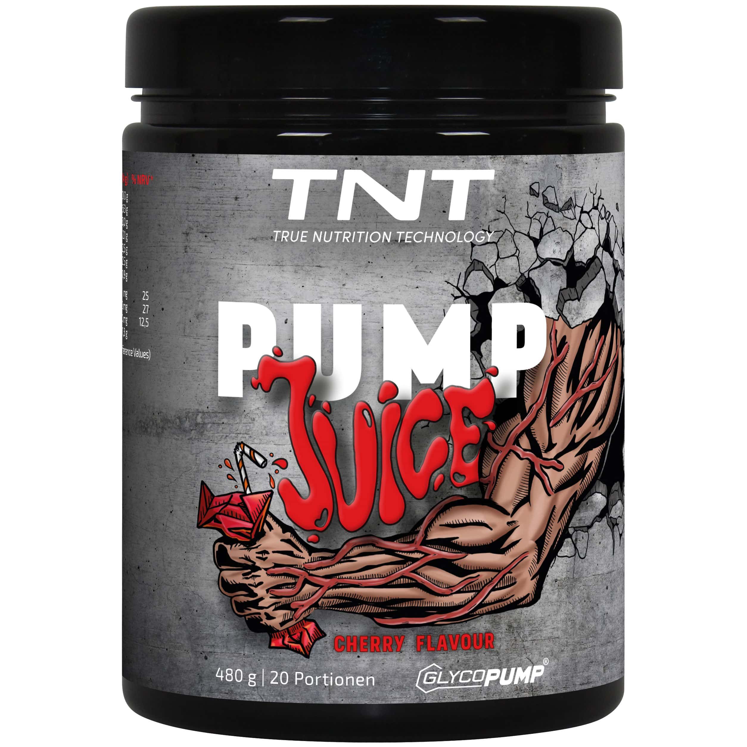 Schwarzer Behälter mit TNT Pump Juice-Etikett. Aufschrift: PUMP JUICE, Cherry Flavour. 480g, 20 Portionen.