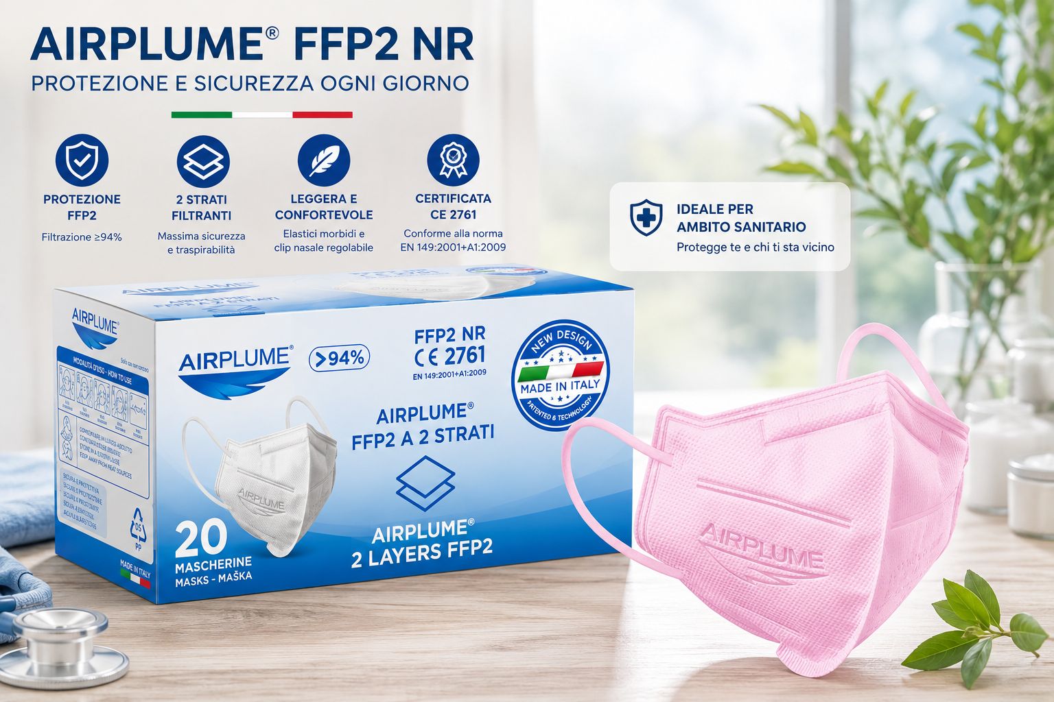 Airplume FFP2 NR Masken, 2-lagig, 20 Stück. Rosa und weiße Masken, CE 2761 zertifiziert.