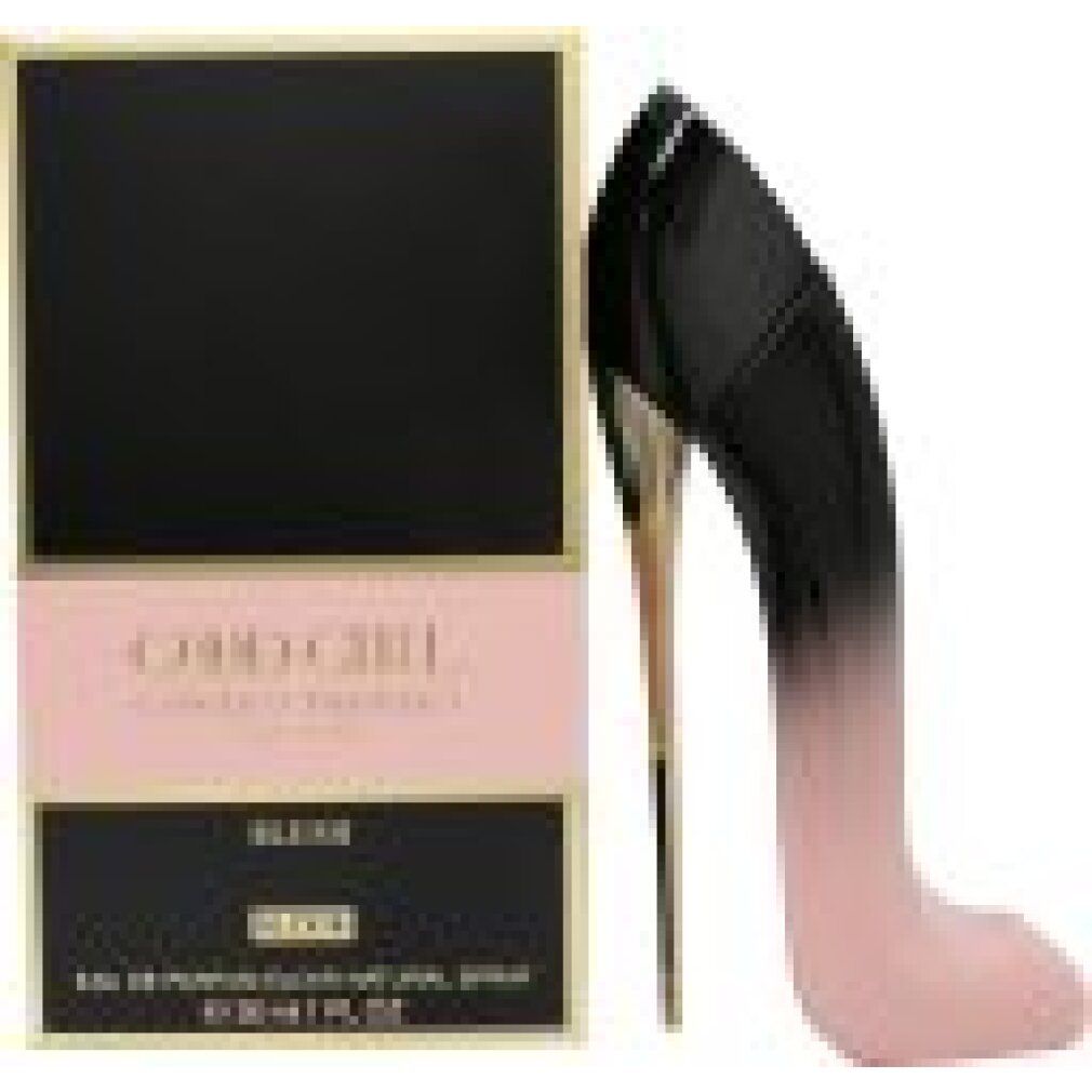 Schwarze Schachtel mit Goldakzenten und rosa Streifen. Aufschrift: Good Girl Blush Elixir. Daneben ein High-Heel-Parfümflakon.