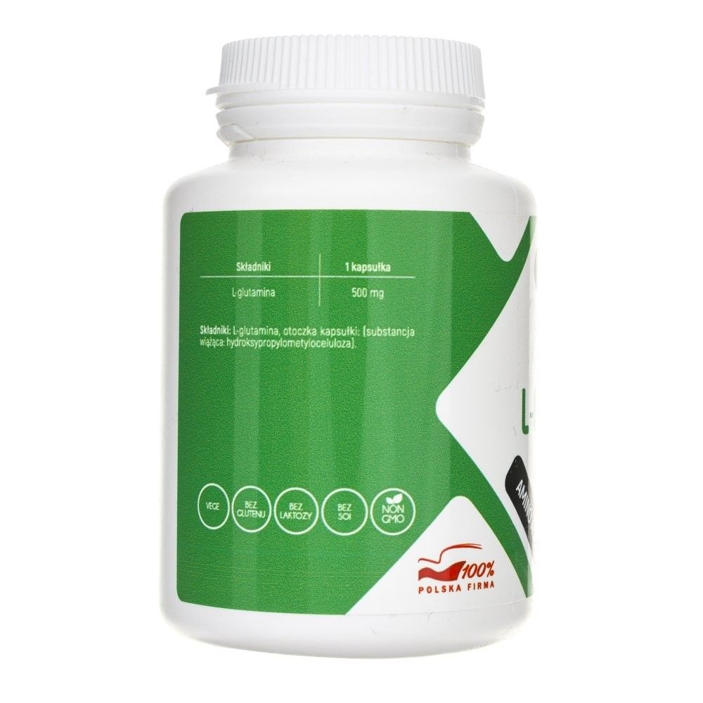 Rückseite einer Aliness L-Glutamin Kapselpackung mit Nährwertangaben und Zertifizierungen.
