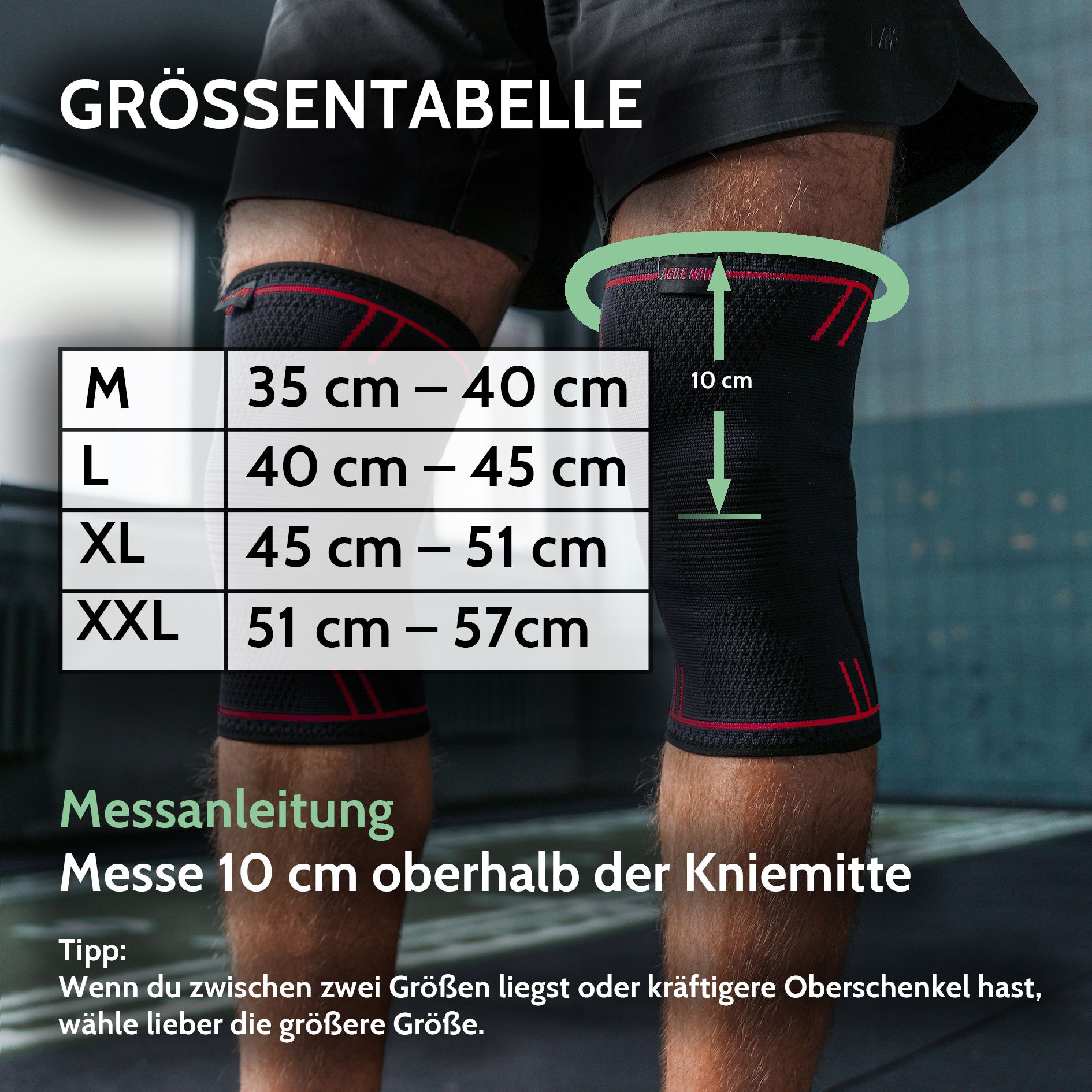 Größentabelle für Kniebandagen. Größen M bis XXL. Messanleitung: 10 cm oberhalb der Knie Mitte messen.