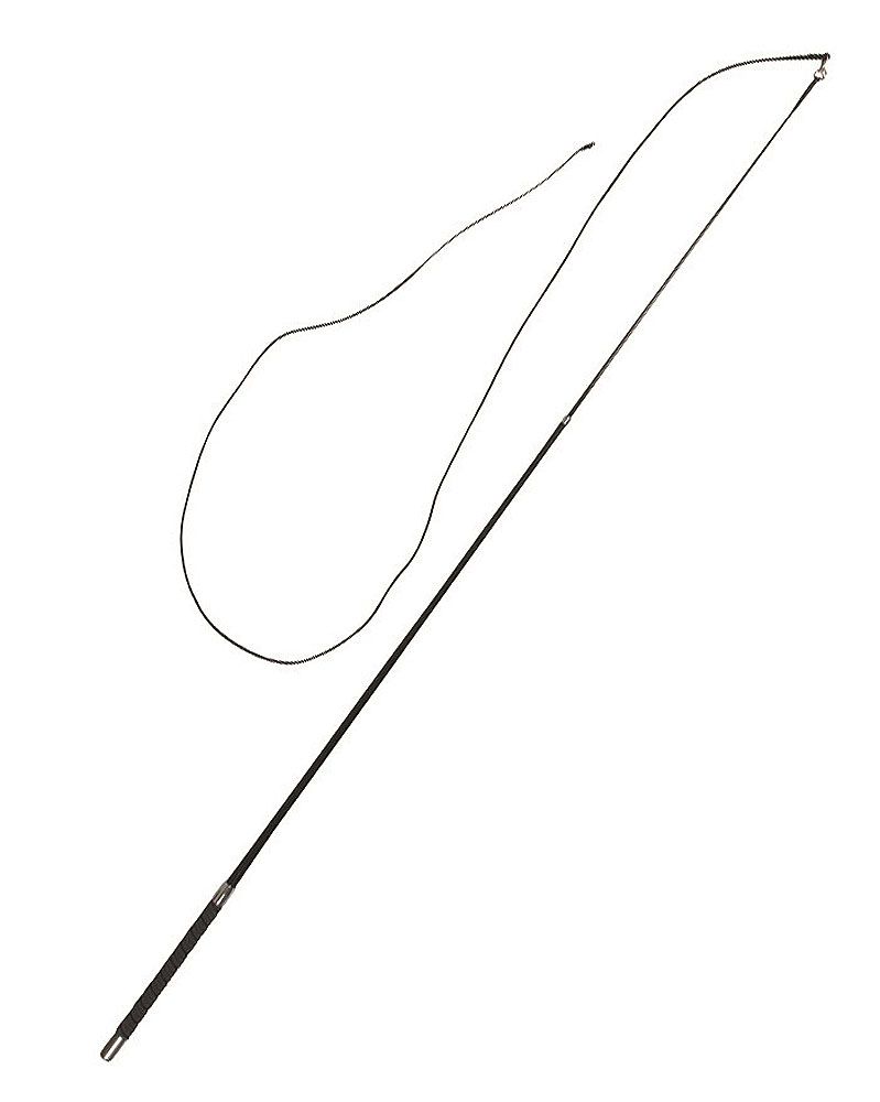 Schwarze Longierpeitsche. Griff, Peitschenschnur. Weißer Hintergrund.