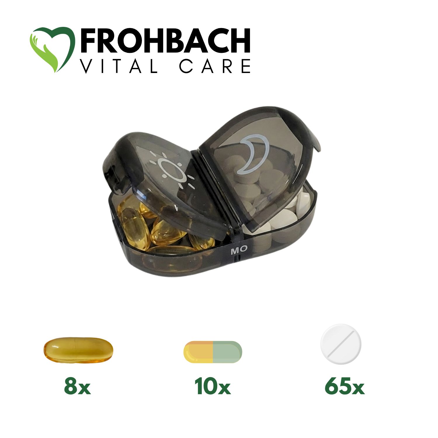 Frohbach Vital Care Tablettenbox, geöffnet. Enthält Kapseln und Tabletten. Beschriftung: MO. 8x, 10x, 65x.