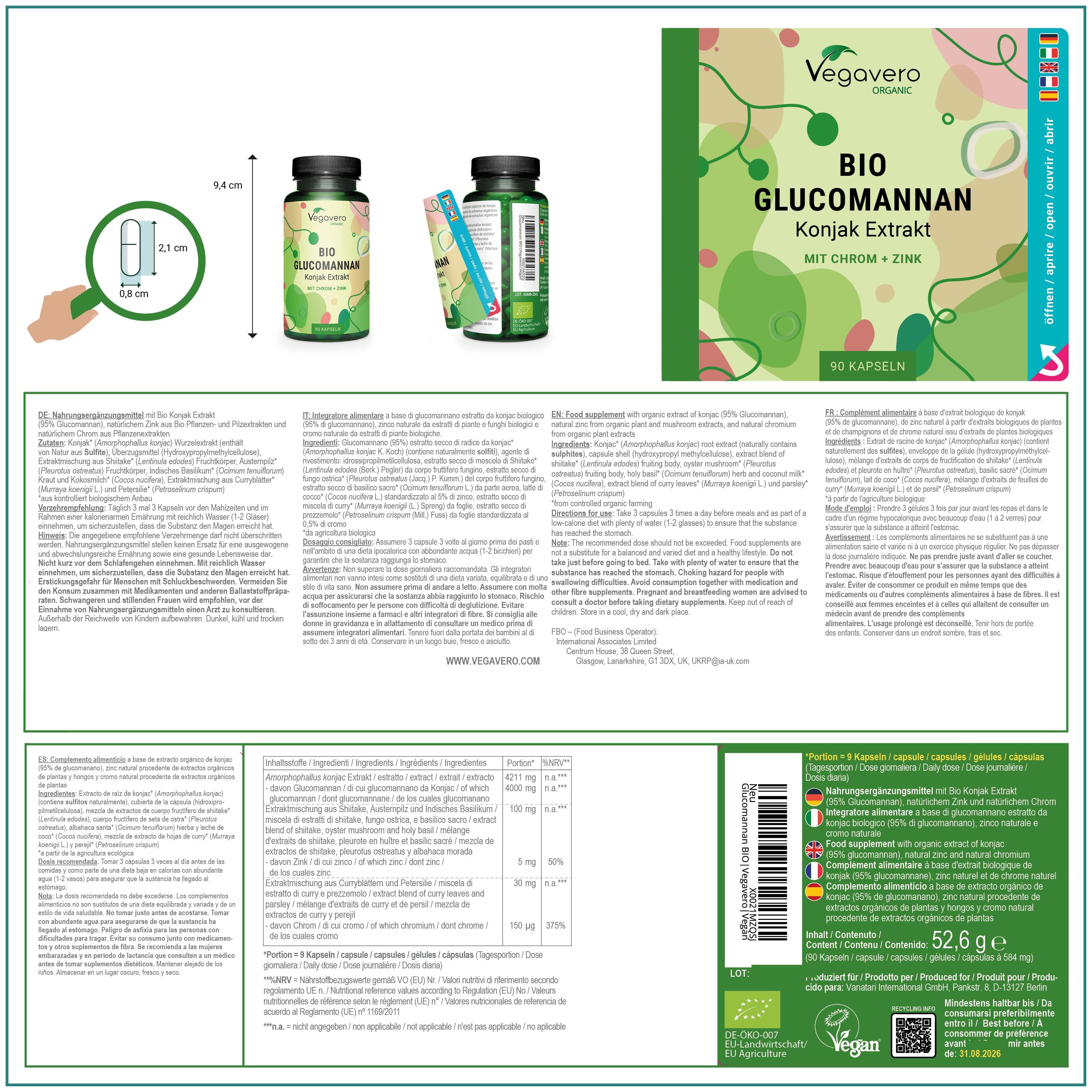 Produktverpackung mit Informationen. Enthält: BIO Glucomannan Konjak Extrakt, mit Chrom + Zink. Inhaltsstoffe, Nährwerte, Zertifizierungen.
