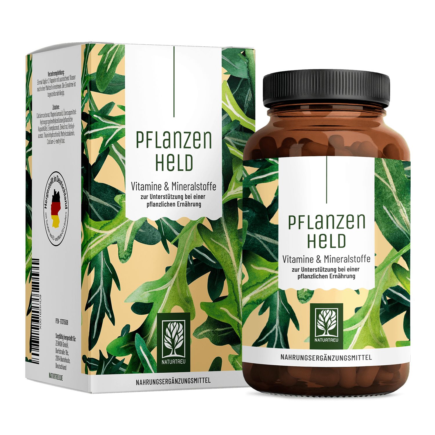 Pflanzenheld Multivitamin Kapseln in Braunglasflasche und Kartonverpackung mit Blattmotiv.