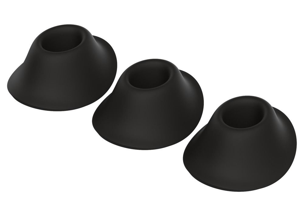 Drei schwarze, kegelförmige Silikonaufsätze mit einer Öffnung oben.