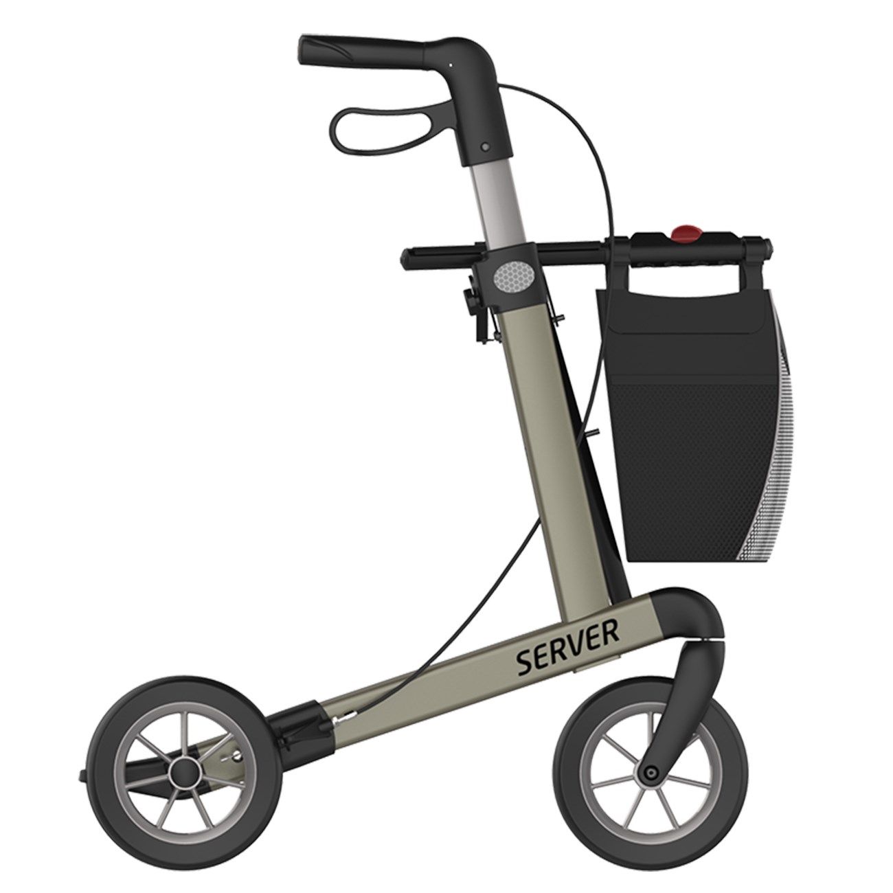 Rollator mit drei Rädern, grauem Rahmen, Einkaufskorb. Der Rollator trägt den Schriftzug "SERVER".