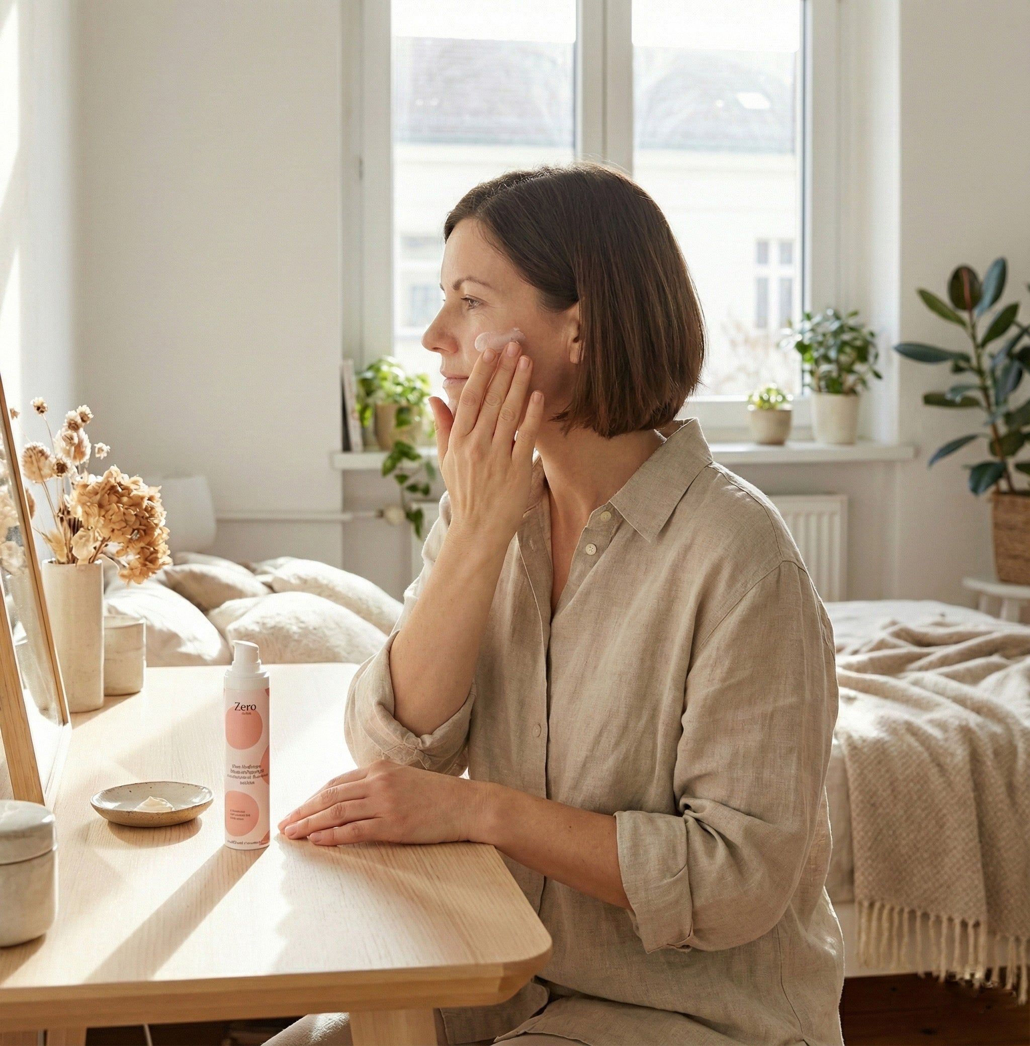 Frau trägt Creme auf. Flasche Zero Skin auf Tisch. Zimmer mit Fenster, Spiegel und Pflanzen.