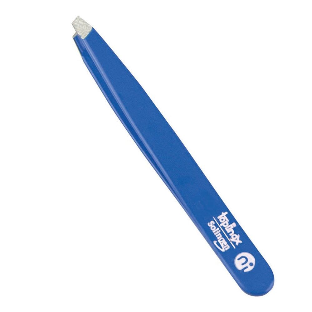 Blaue Pinzette mit abgeschrägter Spitze. Aufschrift: TopInox Solingen. Edelstahl.