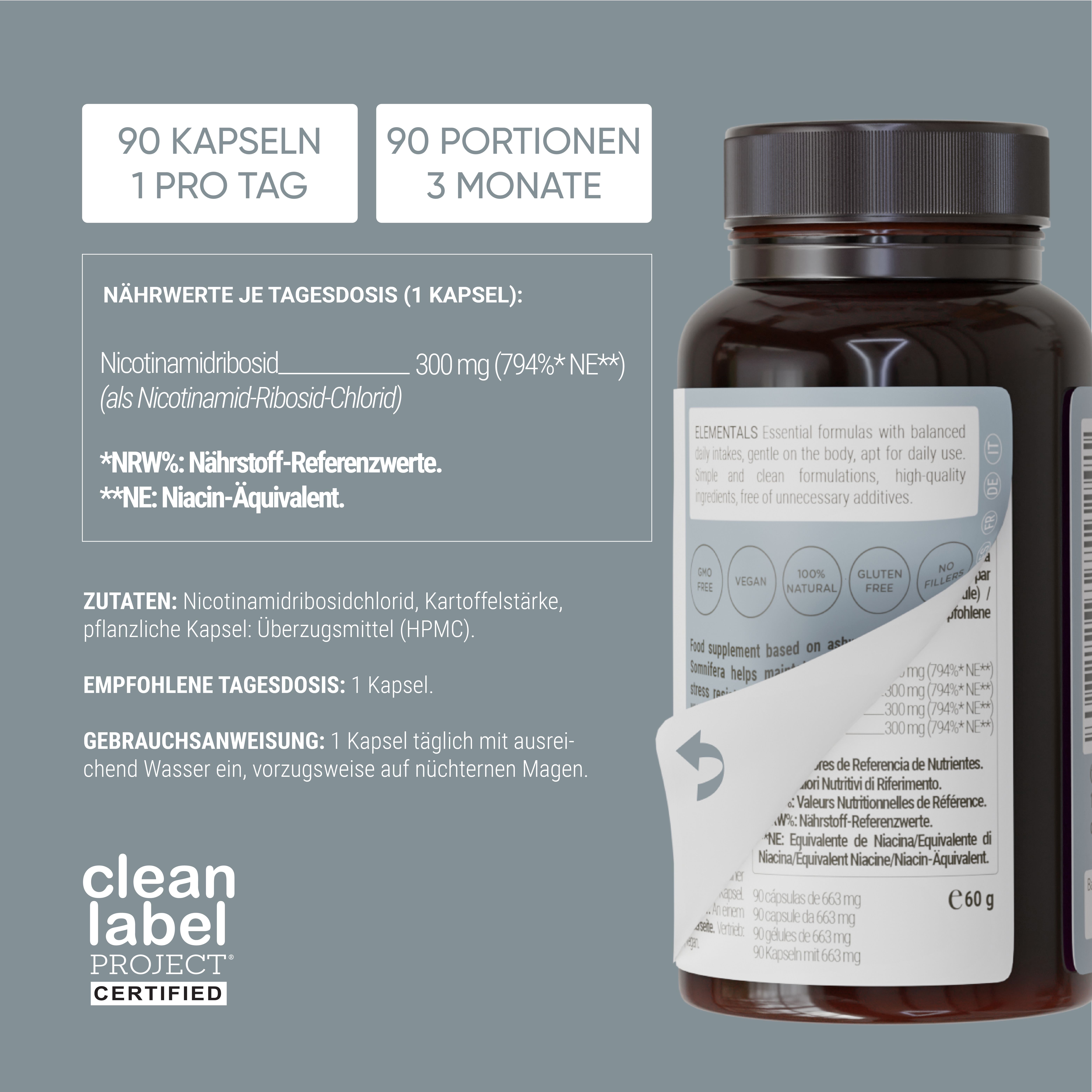 Braune Flasche mit Kapseln. Text: 90 Kapseln, 1 pro Tag. Inhaltsstoffe und Gebrauchsanweisung. Clean Label Project zertifiziert.