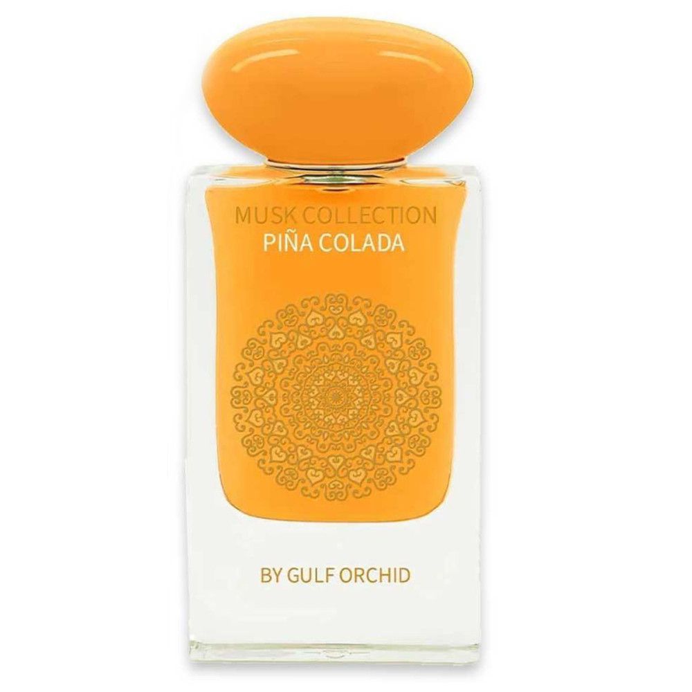 Parfümflakon mit orangefarbenem Inhalt und Verschluss. Aufschrift: Musk Collection Piña Colada.