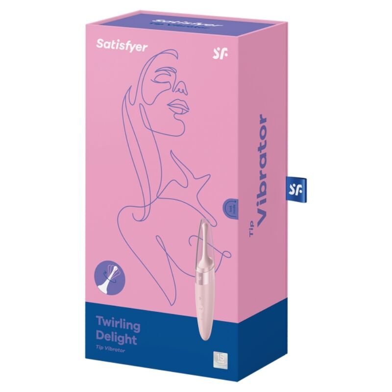 Rosa Verpackung mit Produktabbildung. Schriftzug "Satisfyer", "Twirling Delight" und "Vibrator".