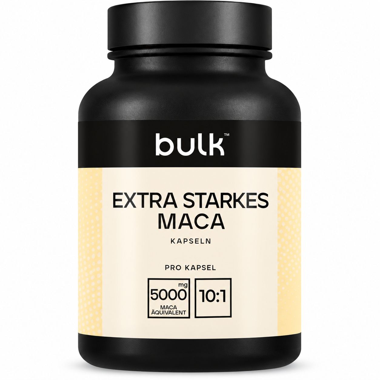 Bulk Extra Starkes Maca Kapseln: Schwarze Dose mit gelbem Etikett, 5000mg, 10:1 Extrakt.