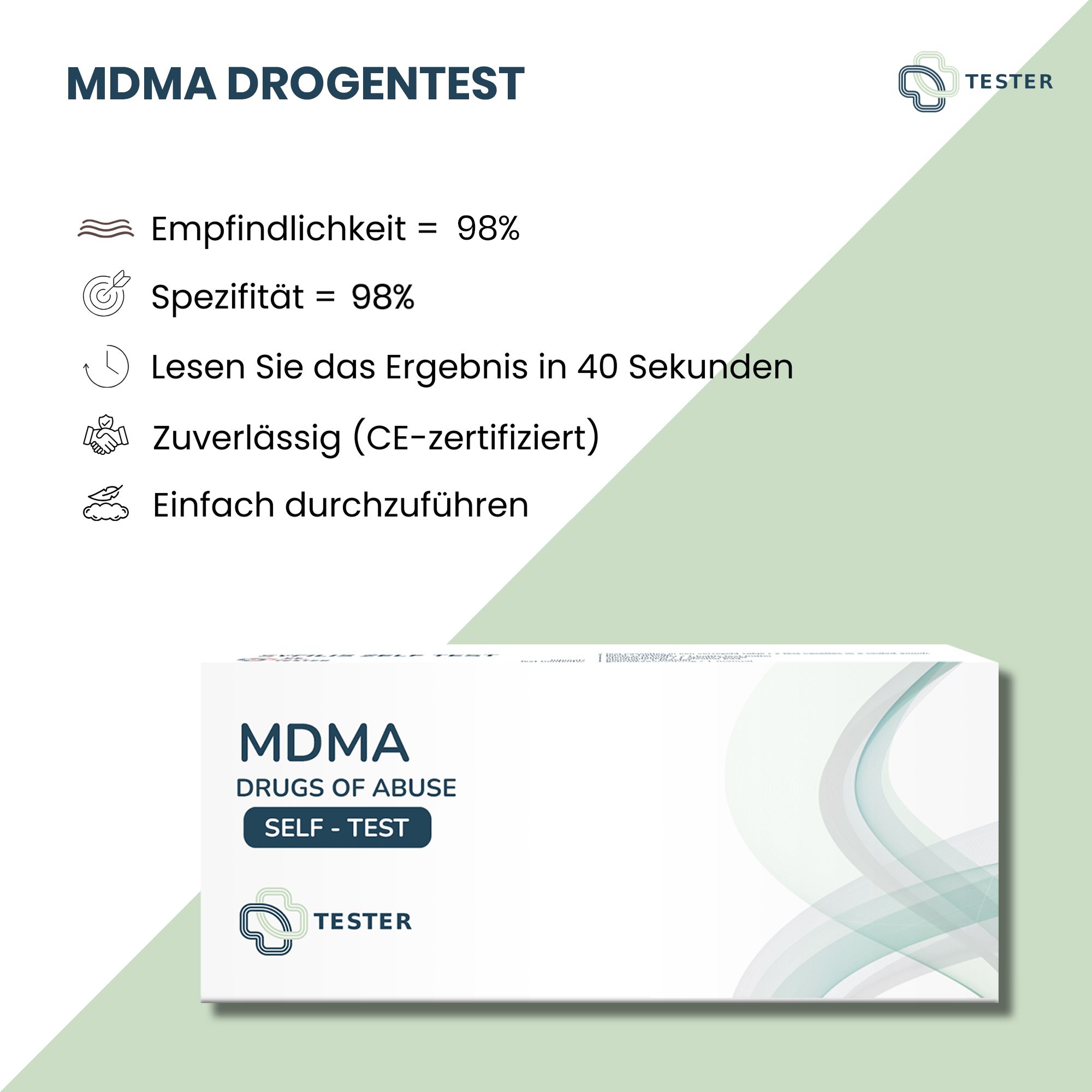 Produktverpackung mit Text und Icons. Text: MDMA Drogentest, Empfindlichkeit 98%, Zuverlässig (CE-zertifiziert).
