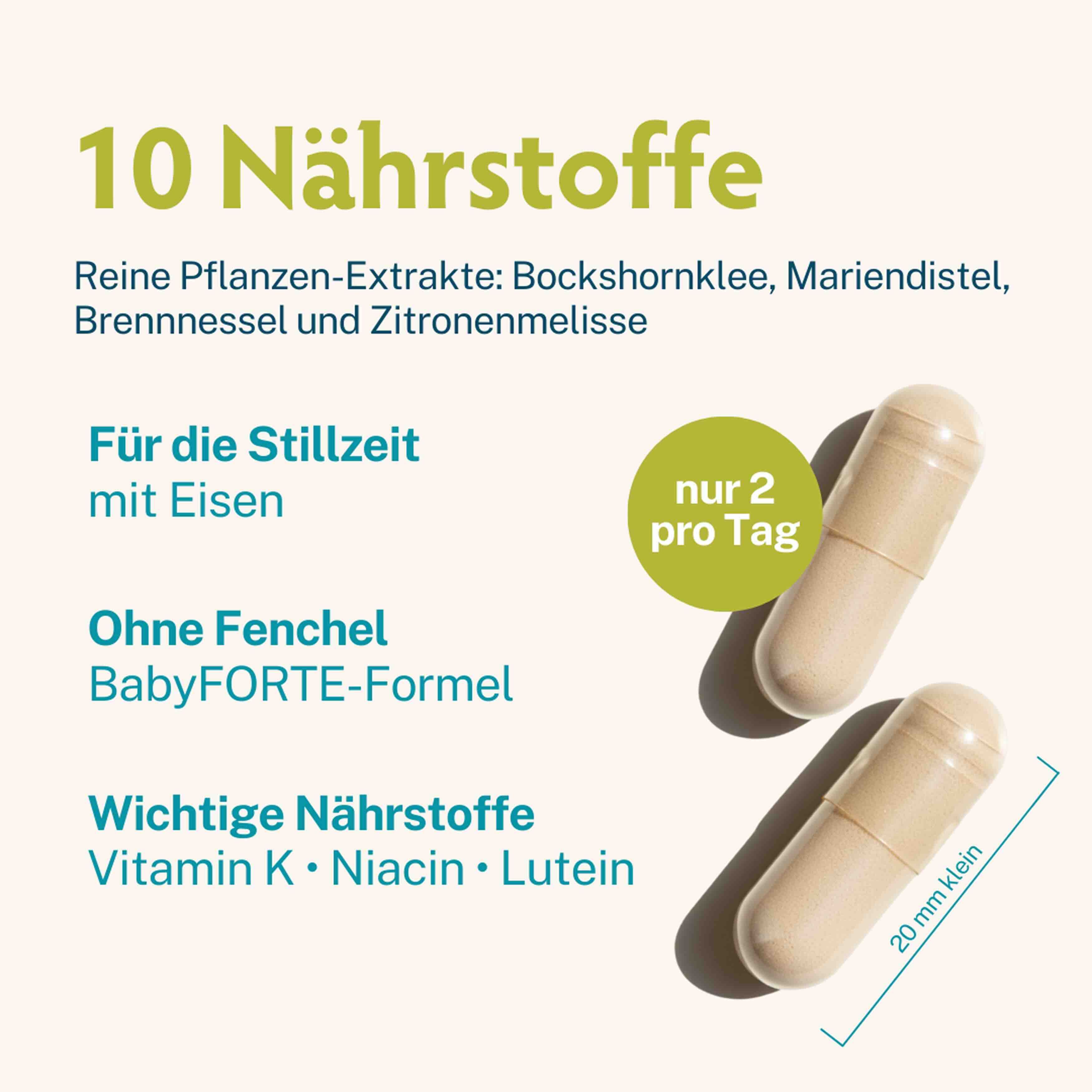 BabyFORTE Stillzeit Vitamine: Premium Pflanzenextrakt, 100% vegan, Made in Germany. Mutter stillt Baby.