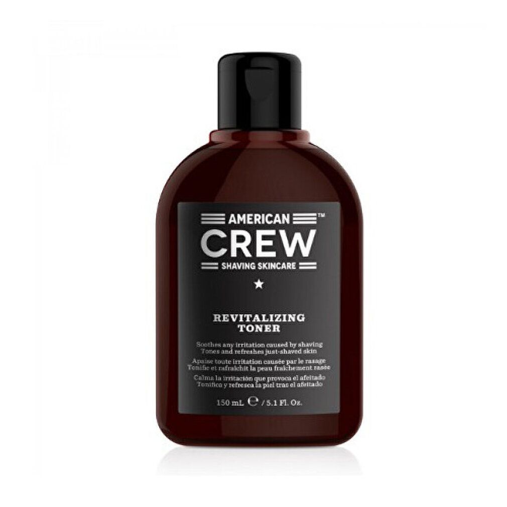 Braune Flasche mit schwarzem Deckel. Aufschrift: AMERICAN CREW, Shaving Skincare, Revitalizing Toner. 150 ml.