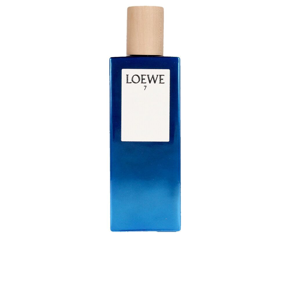 Blaues Parfümflakon mit Holzdeckel. Aufschrift "LOEWE 7".