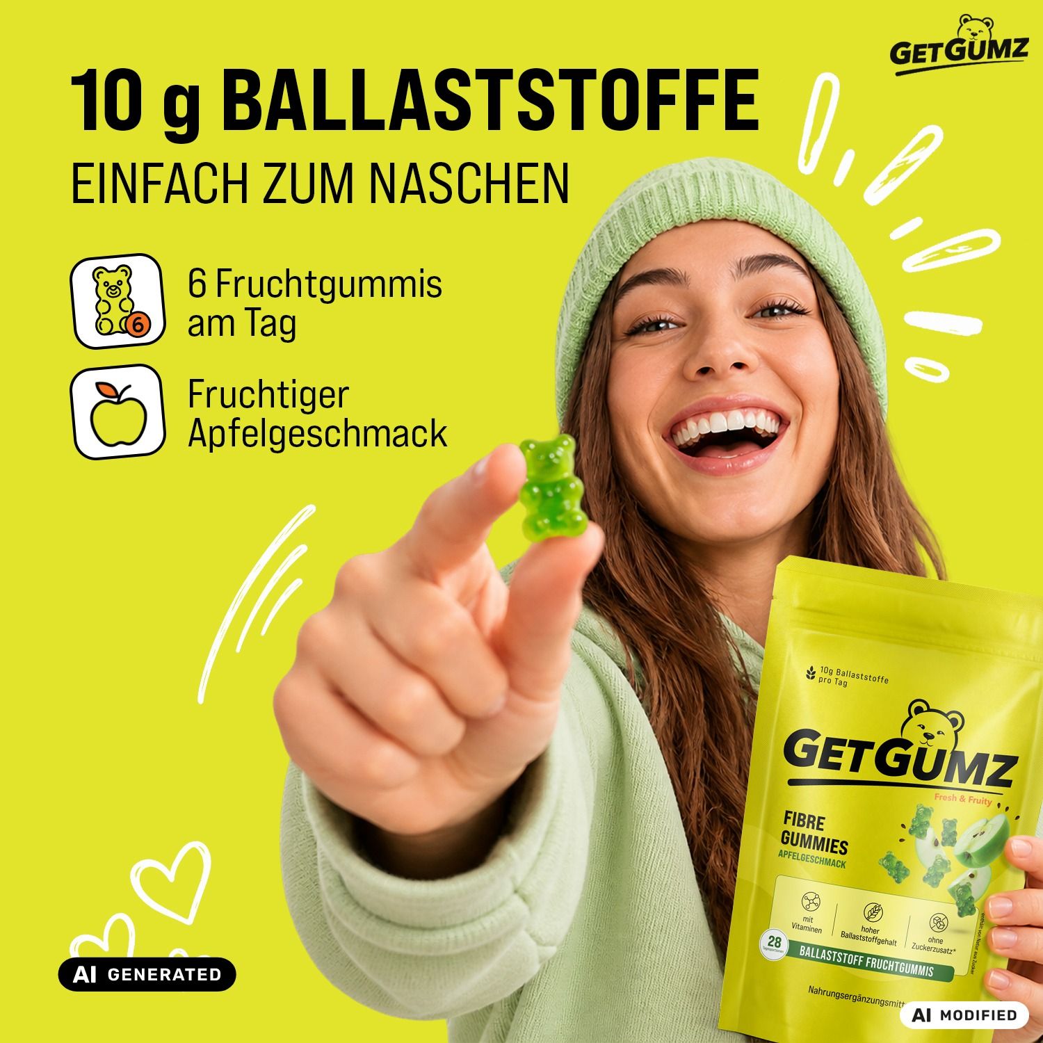 GetGumz Ballaststoff Gummibärchen: 10g Ballaststoffe, 6 Gummibärchen am Tag, Apfelgeschmack.