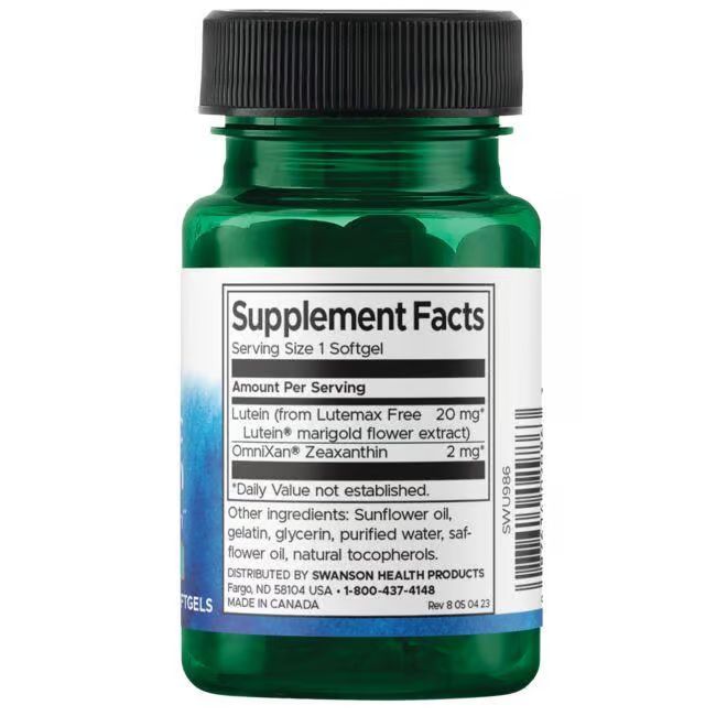Rückseite der grünen Flasche. Etikett mit Nährwertangaben. Enthält Lutein und Zeaxanthin. Hergestellt in Kanada.