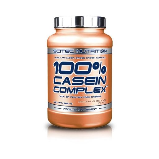 Braune Dose mit silbernem Deckel. Aufschrift: Scitec Nutrition 100% Casein Complex. Belgische Schokoladengeschmacksrichtung. Nettogewicht: 920 g.