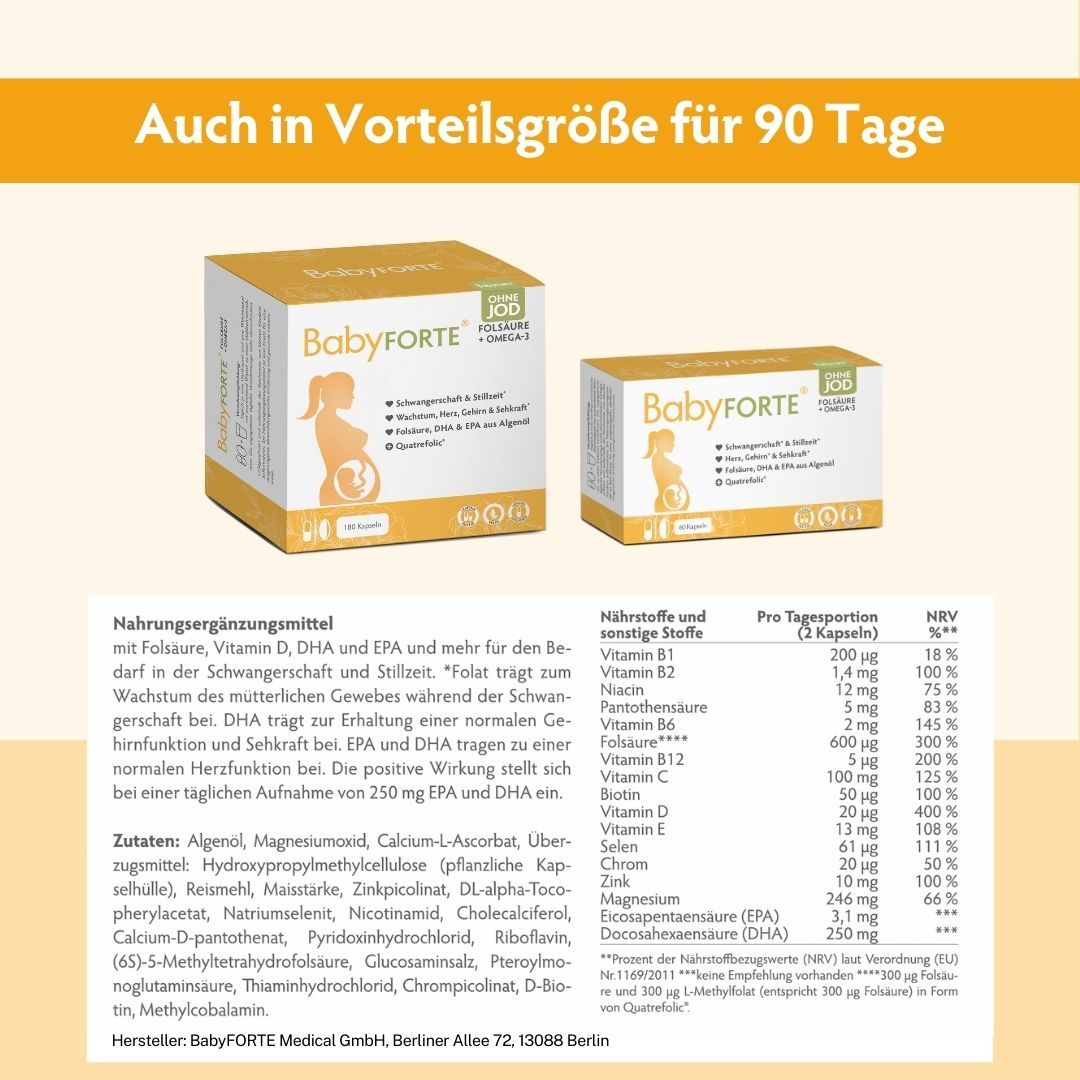 Zwei BabyFORTE-Packungen. Text: Auch in Vorteilgröße für 90 Tage. Nährwerttabelle. Zutatenliste. Hersteller: BabyFORTE Medical GmbH, Berlin.