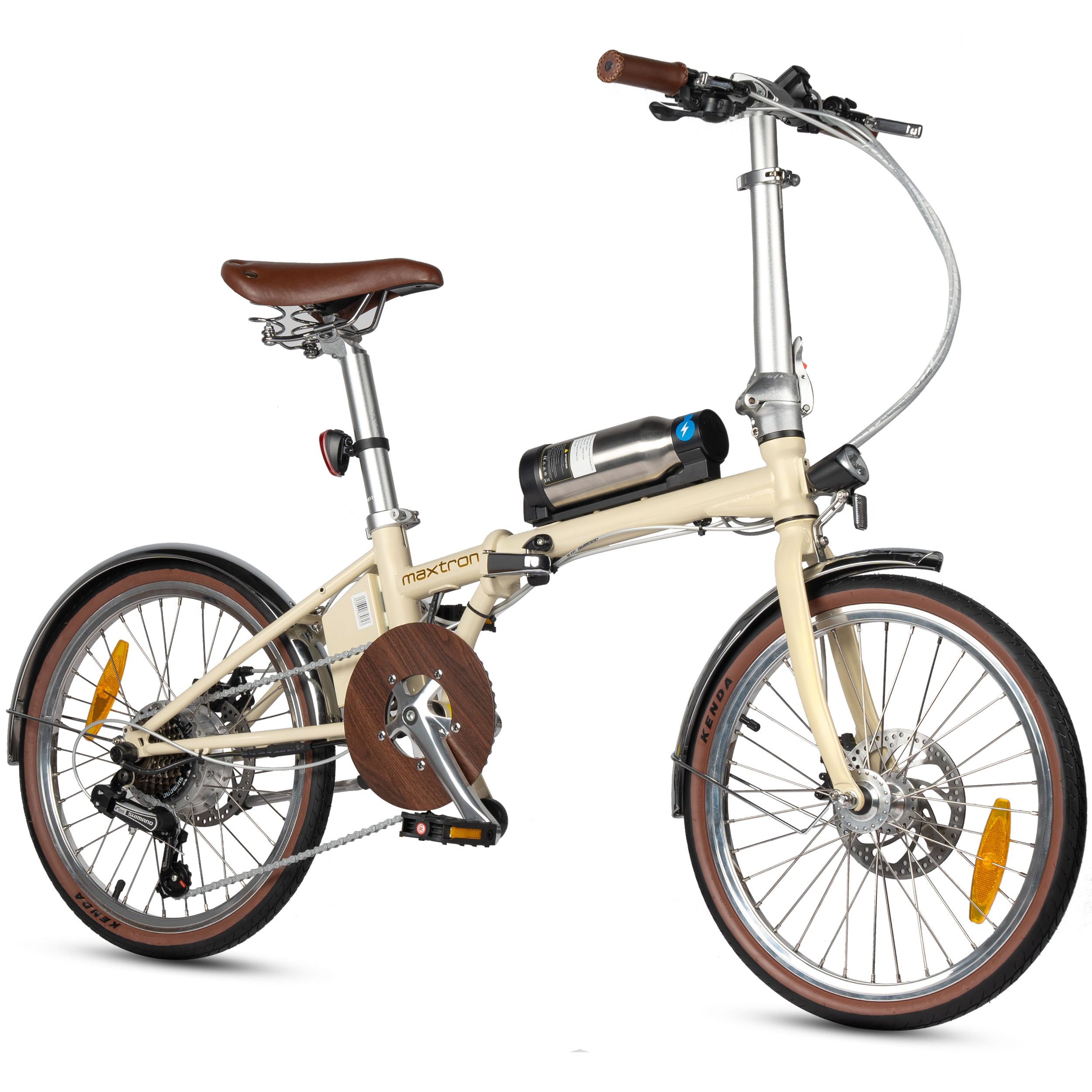 Beige E-Bike mit braunen Reifen und Sattel. Sichtbar: Motor, Akku, Schutzbleche, Bremsen. Aufschrift: Maxtron.