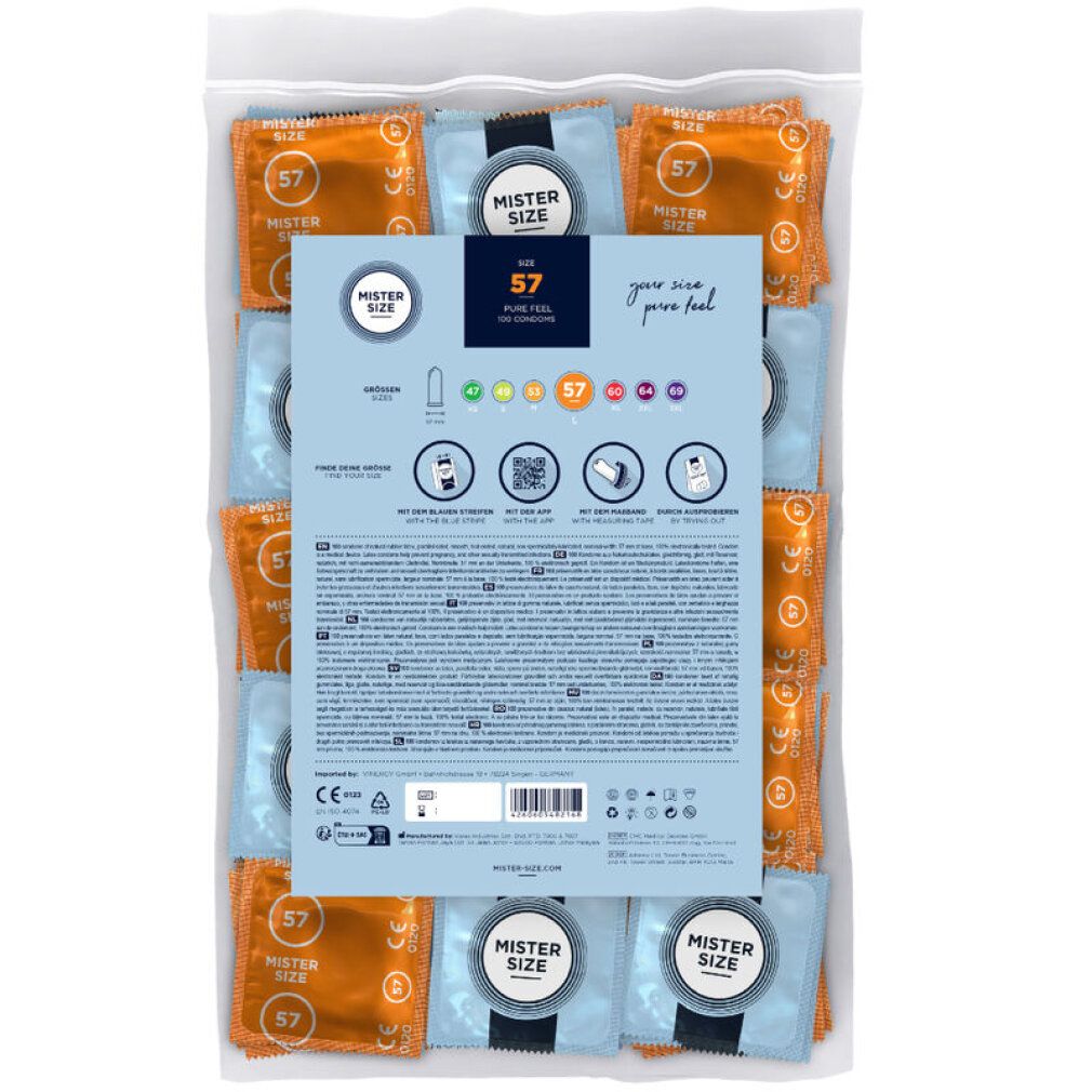 Verpackung mit Kondomen. Blaue und orangefarbene Einzelverpackungen. Aufdruck: Mister Size, 57. Rückseite mit Informationen.