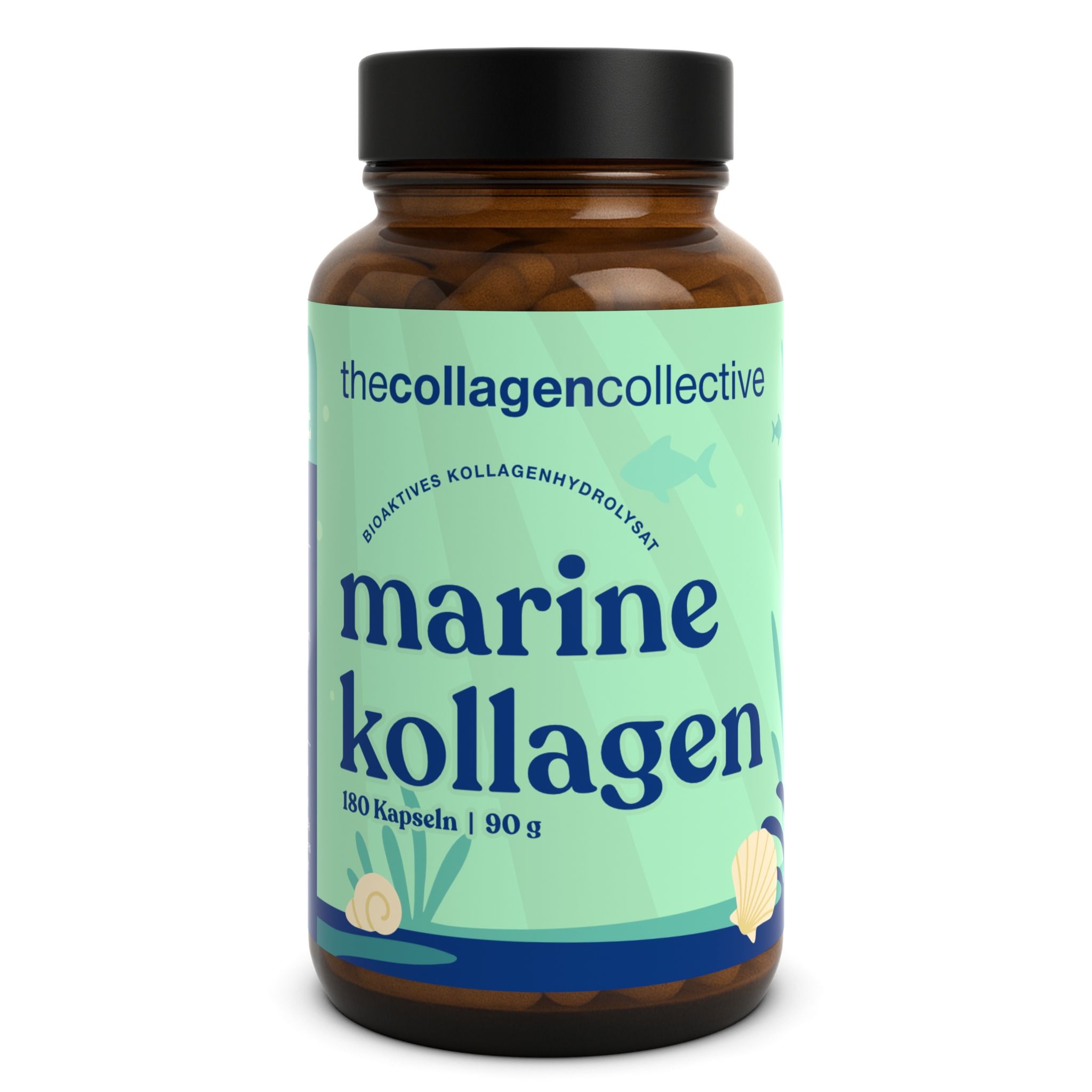 Braune Flasche mit schwarzen Deckel. Aufschrift: marine Kollagen, 180 Kapseln, 90g. Grün-weiße Etikett mit Meeresmotiven.
