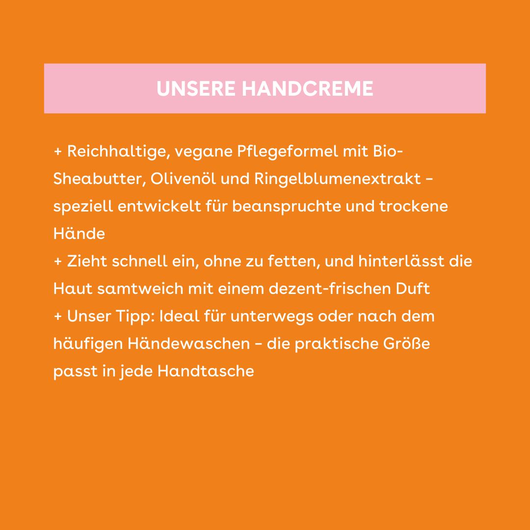 Text auf orangefarbenem Hintergrund. Enthält Informationen über die Handcreme.