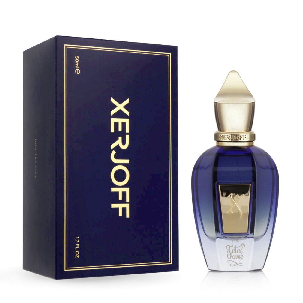 Dunkelblaue Parfumflasche und Schachtel. Goldfarbene Schriftzüge: XERJOFF, 50ml, 1.7 FL.OZ. Auf der Flasche: Fatal Charme.