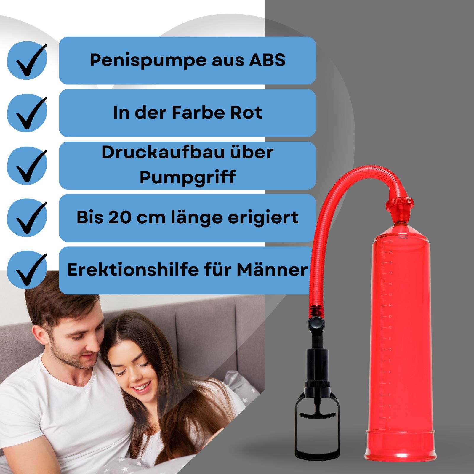 Produktabbildung mit Text. Rote Penis-Pumpe mit Pumpgriff. Paar im Bett.