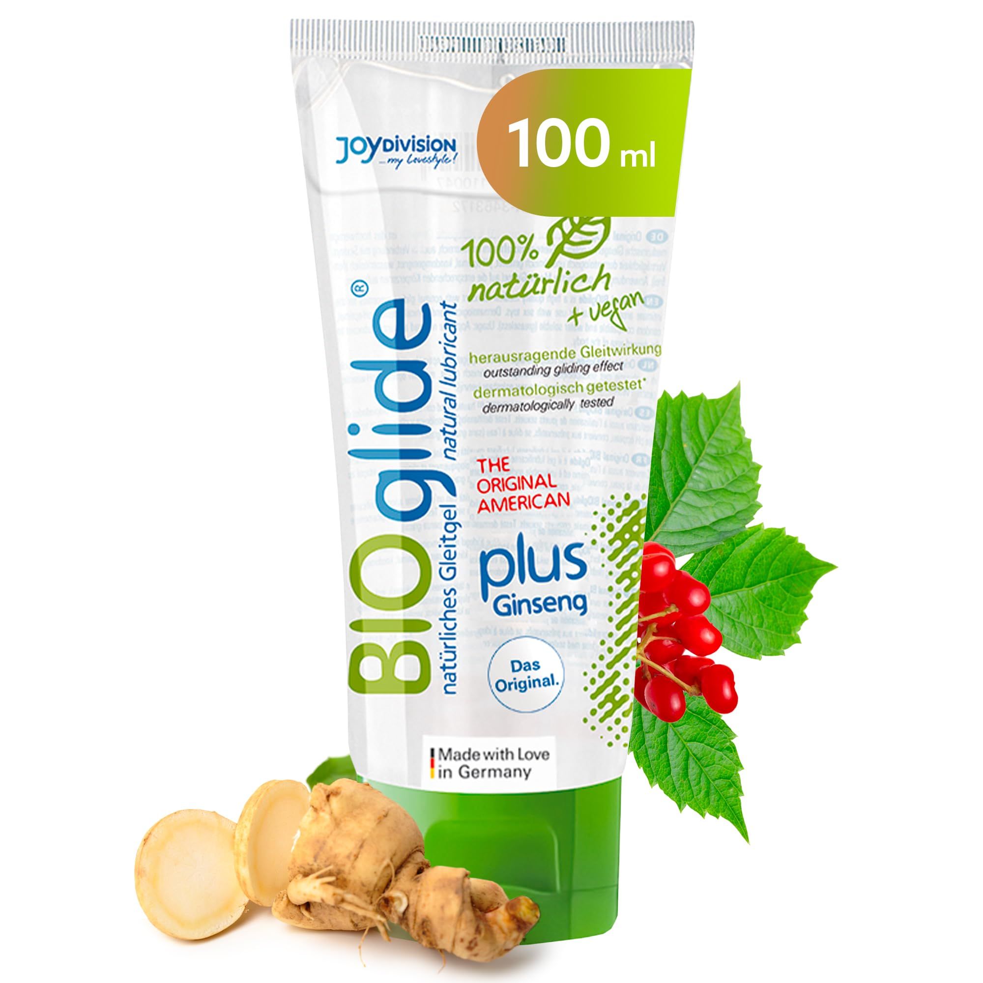 Tube mit Joydivision BIOglide plus Ginseng Gleitgel, 100ml. Natürliche Inhaltsstoffe, vegan.