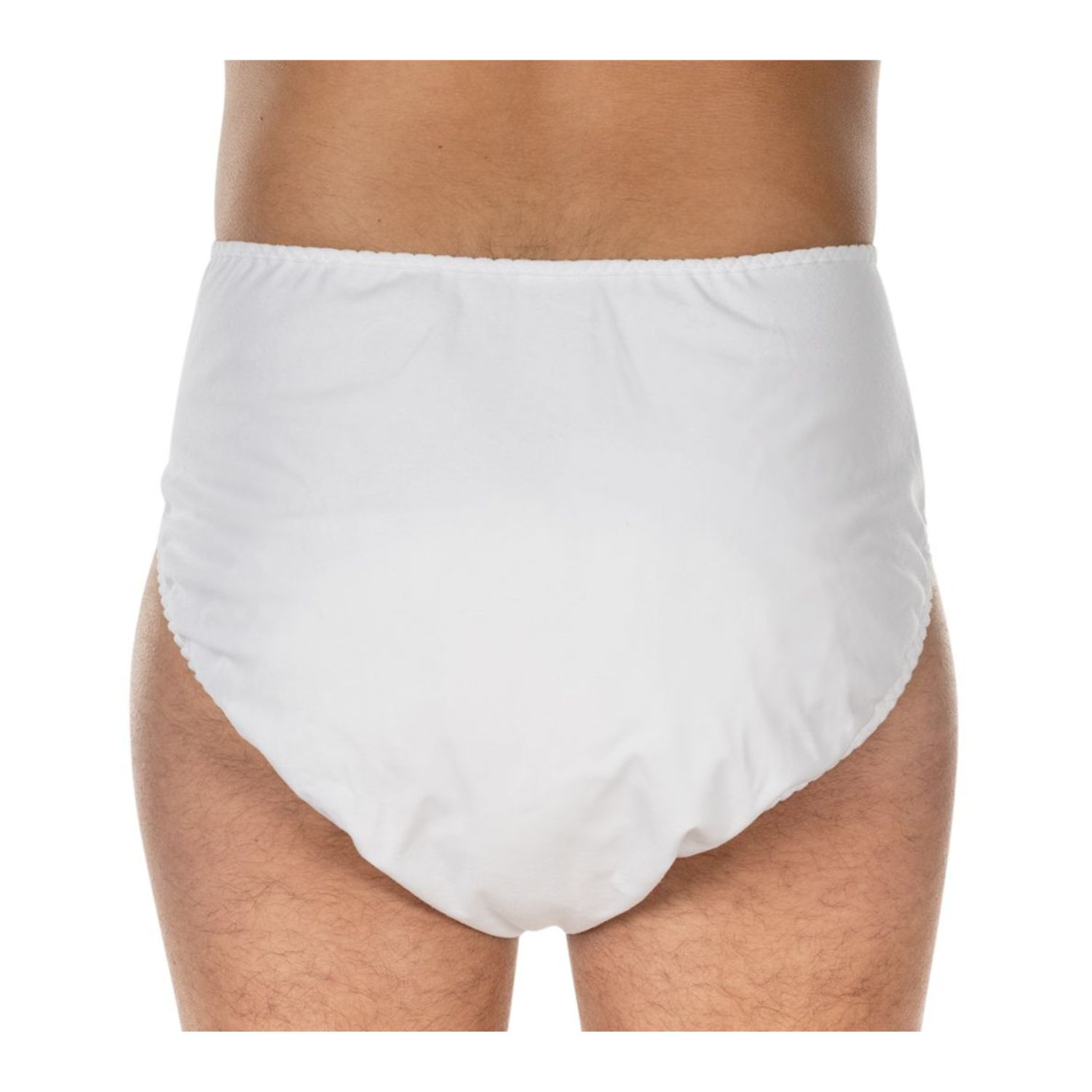 Weiße Windelhose, Rückansicht. Gezeigt an einer Person.