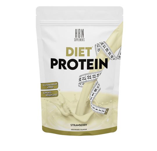 Beutel mit HBN Supplements Diet Protein. Weißes Pulver mit Maßband. Aufschrift: Erdbeere. Enthält Glucomannan und unterstützt die Gewichtsabnahme.