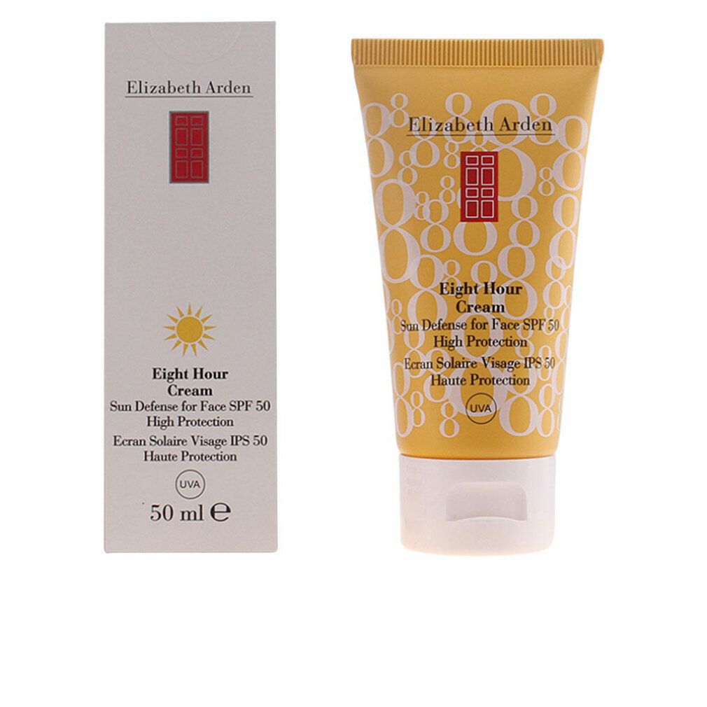 Produkt und Verpackung. Gelbe Tube und weiße Schachtel. Produktname: Eight Hour Cream. Text: Sun Defense for Face SPF 50. 50 ml.