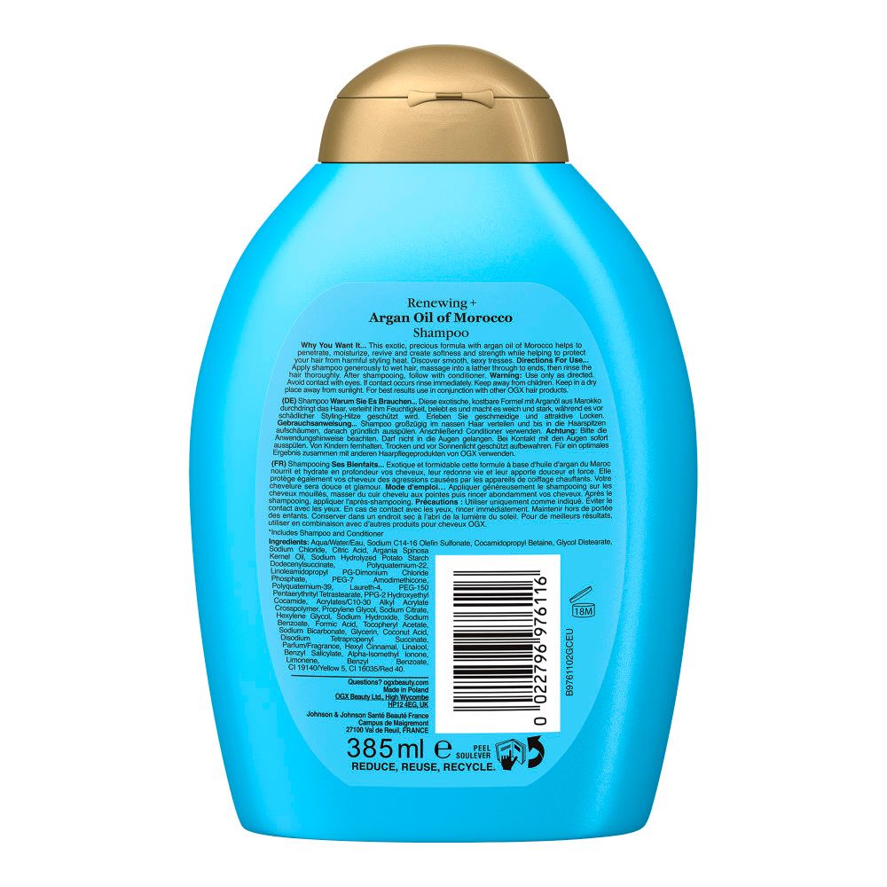 Rückseite einer Shampoo-Flasche. Text und Inhaltsstoffe.