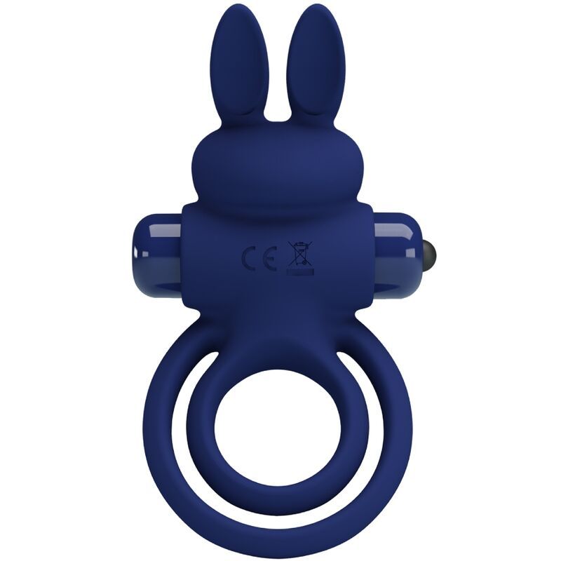 Blauer Rabbitvibrator mit Hasenohren und doppelter Ringform. CE-Kennzeichnung.