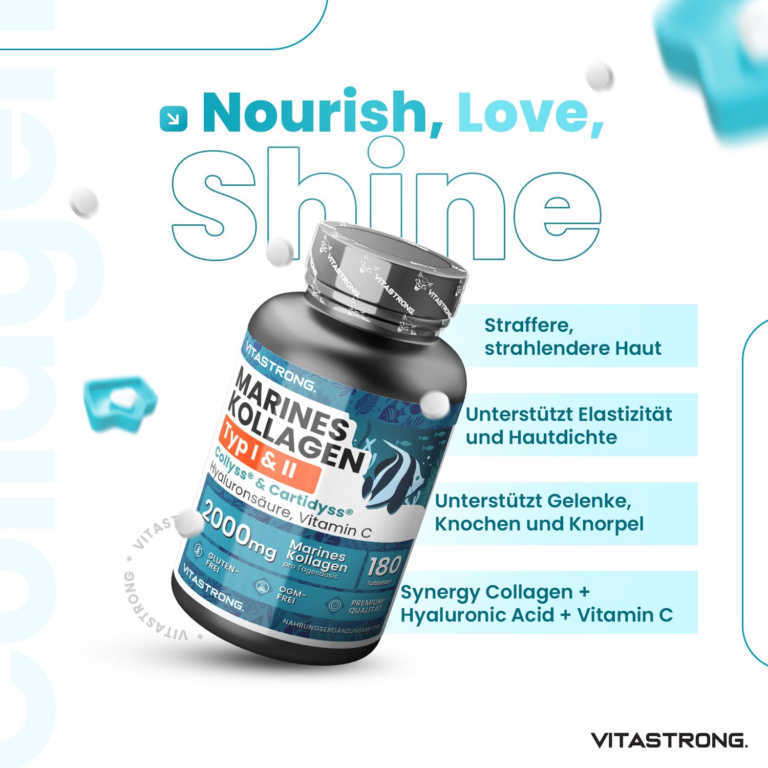 Frau mit geschlossenen Augen. Marine Collagen Typ I & II. 2000 mg. Mit Hyaluronsäure & Vitamin C.