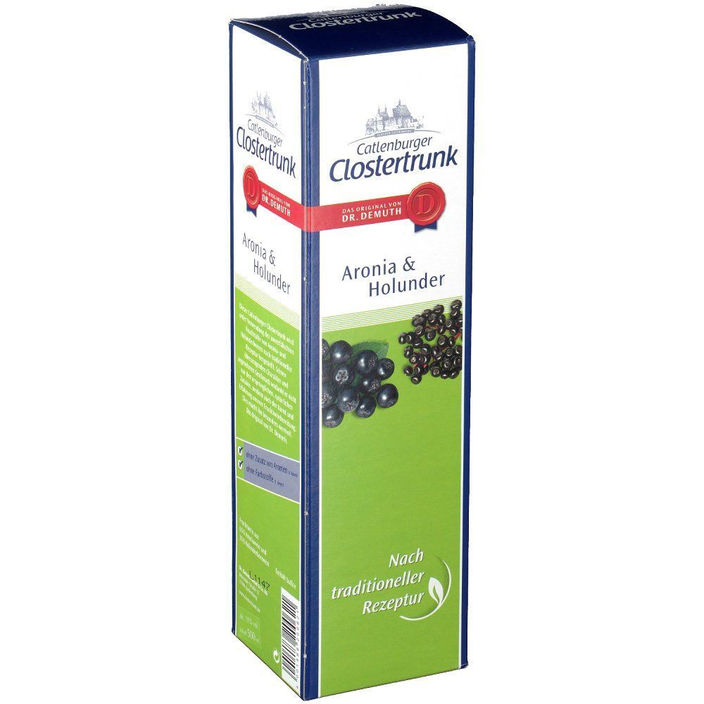 Karton mit Aufdruck. "Clostertrunk Aronia & Holunder" mit Abbildung von Aronia-Beeren. Text in Deutsch.