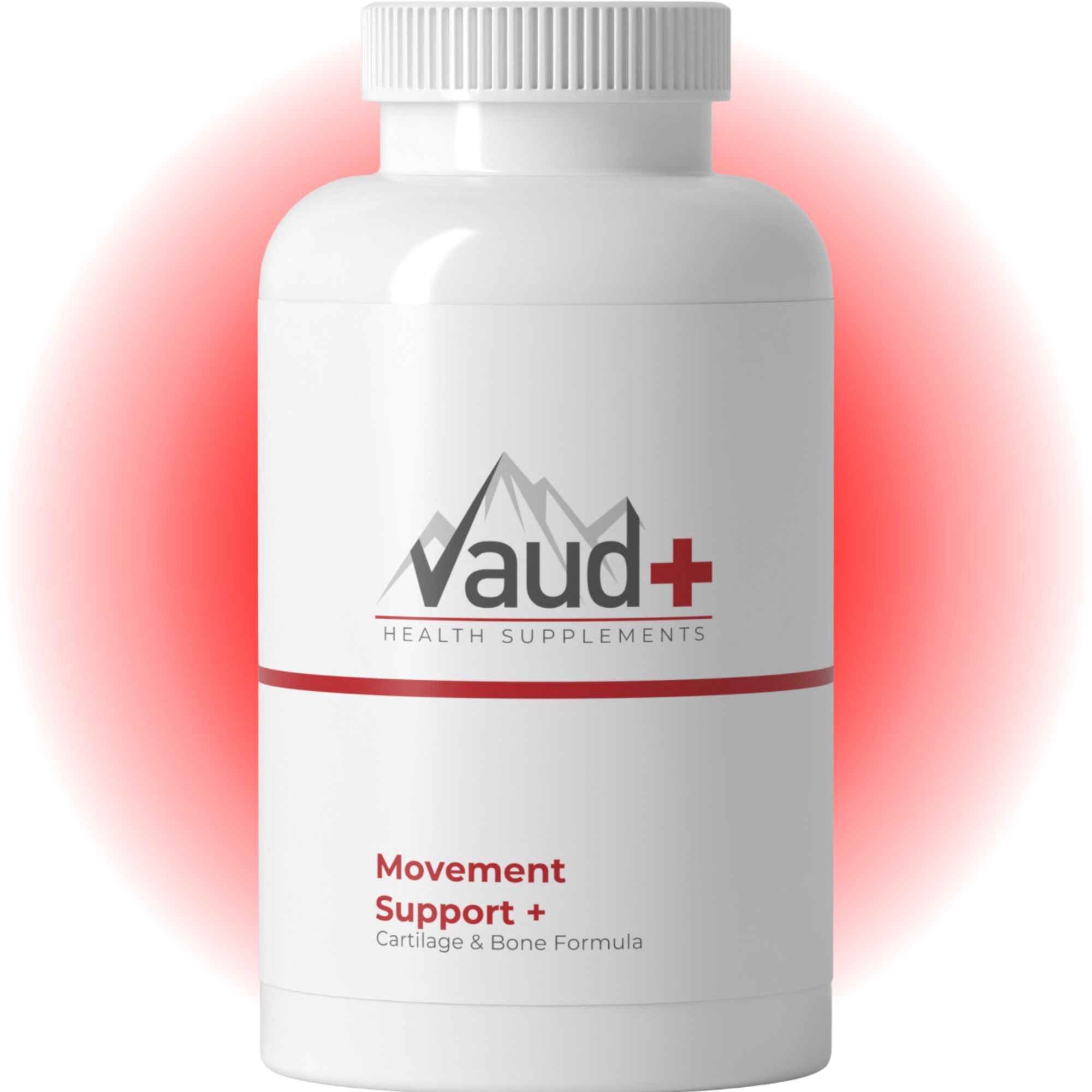 Weiße Flasche mit rotem Streifen und Logo. Text: Movement Support +. Kapseln für Gelenke. Marke: Vaud+ Health Supplements.