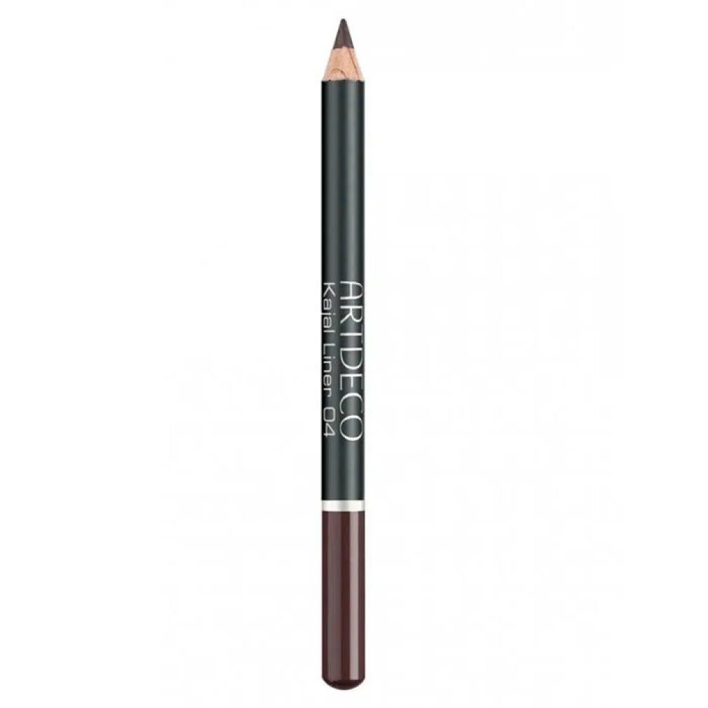 Kajal Liner 04 Forest Brown von Artdeco. Dunkelbrauner Stift mit Spitze und Produktbezeichnung. Schwarzer Stiftkörper.