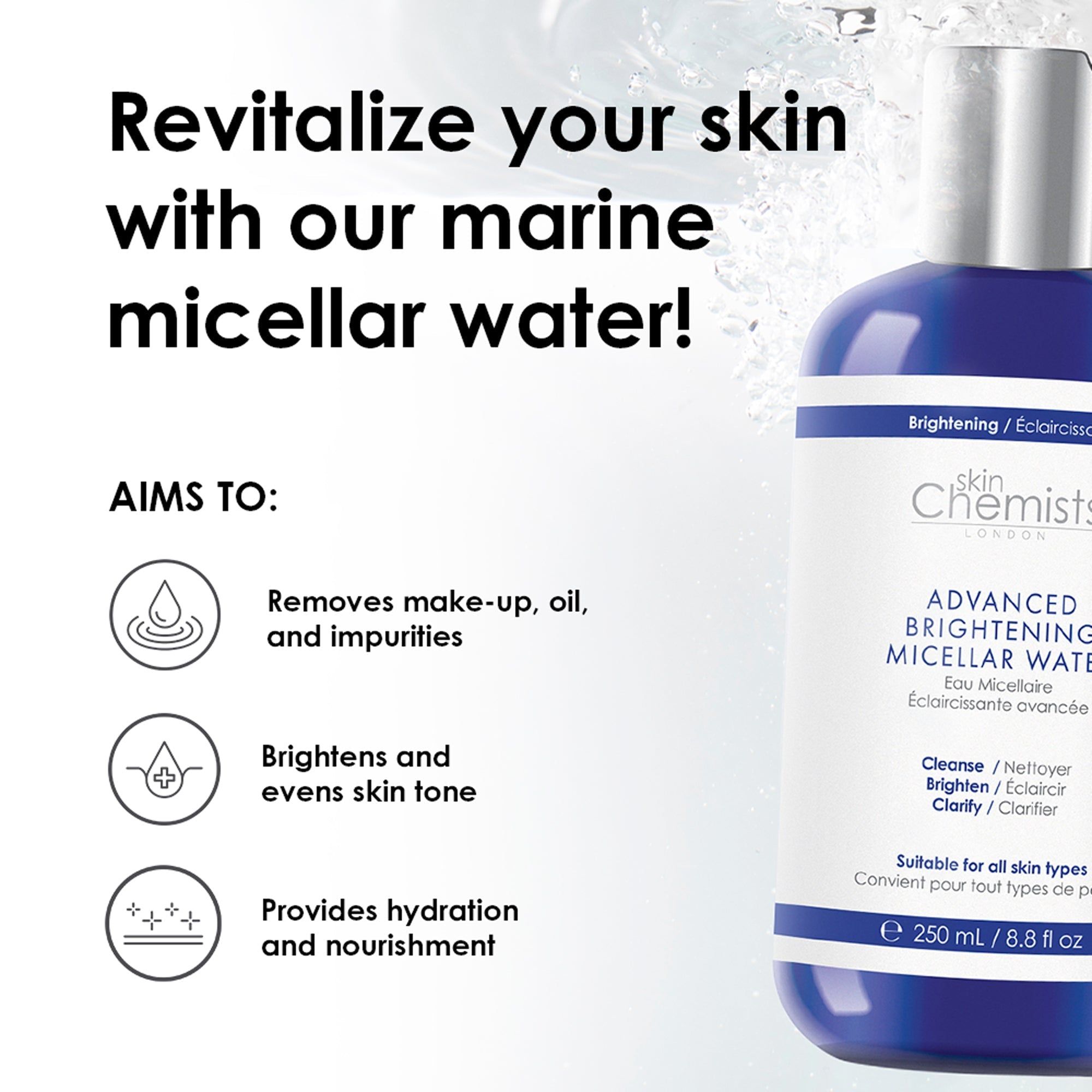 Blaue Flasche mit silbernem Deckel. SkinChemists Advanced Brightening Micellar Water. Entfernt Make-up, Öl und Unreinheiten.
