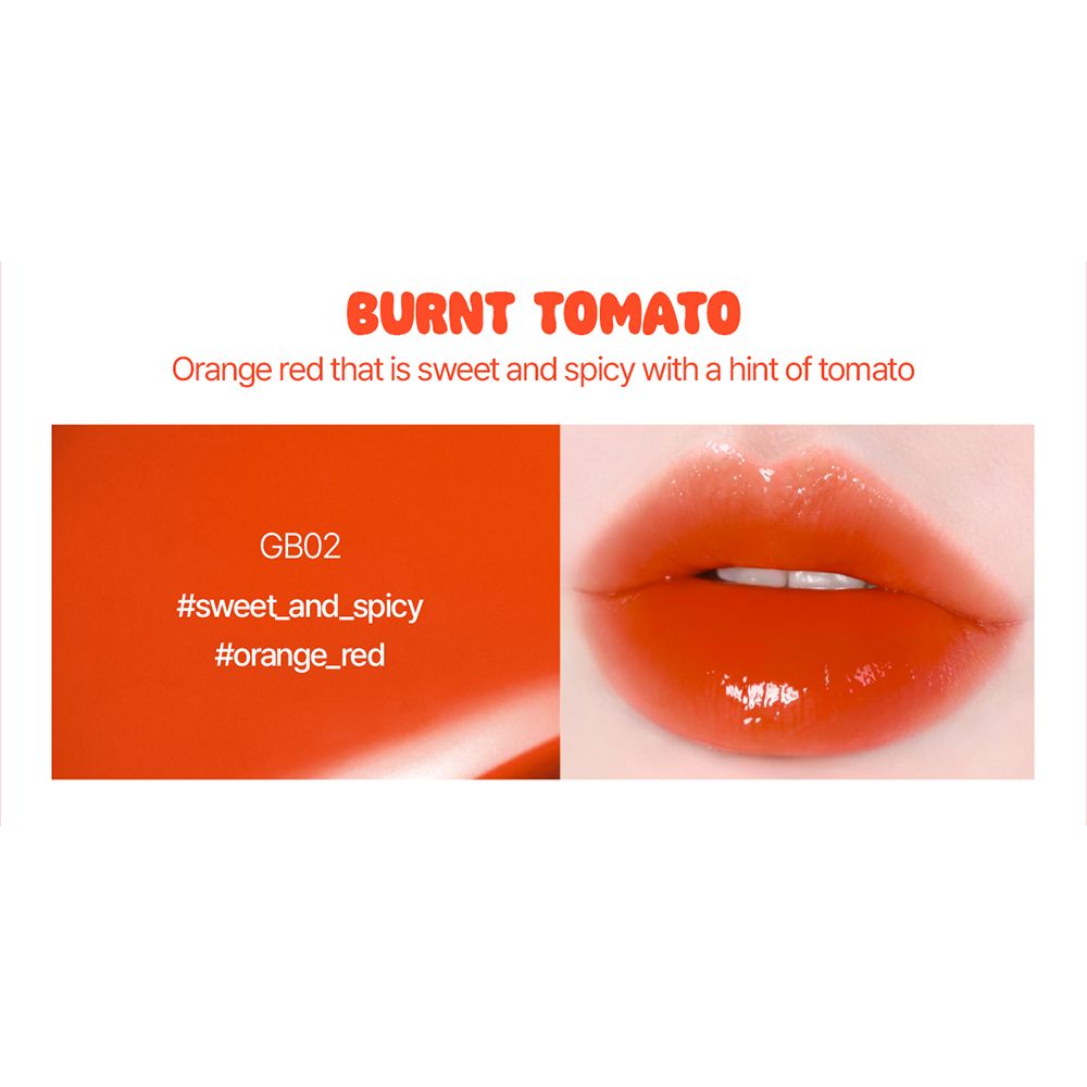 Text und Lippen-Abbildung. Text: "BURNT TOMATO", "GB02", #sweet_and_spicy, #orange_red. Lippen in Orange-Rot.