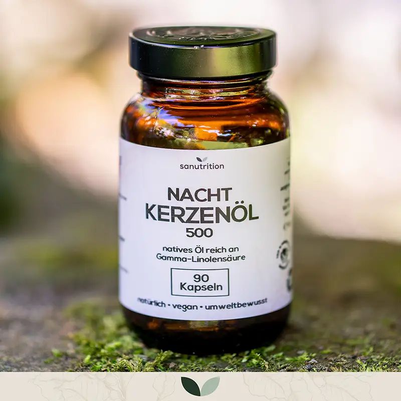 Sanutrition Nachtkerzenöl Kapseln: Braunglasflasche mit weißem Etikett, 90 Kapseln.