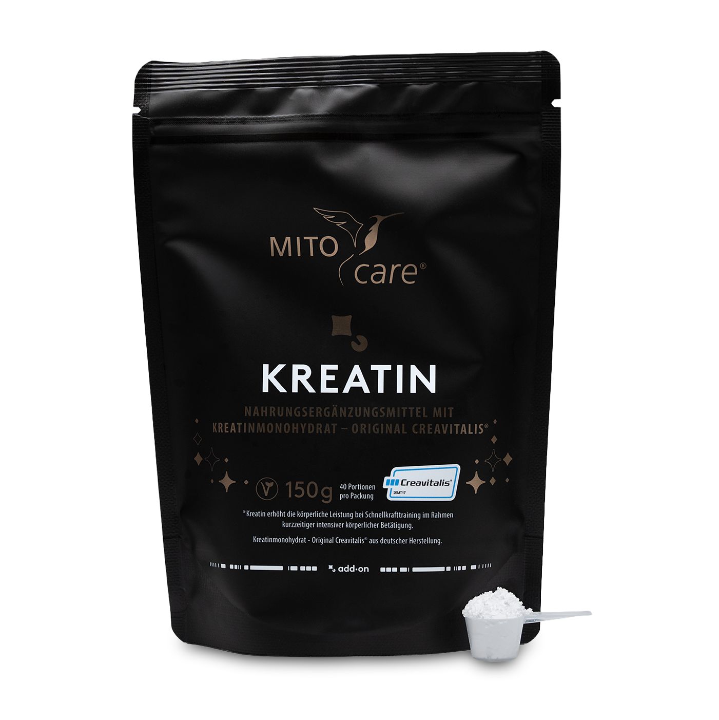 Schwarzer Beutel mit MITOcare Kreatin, 150g. Enthält einen Messlöffel mit Pulver.