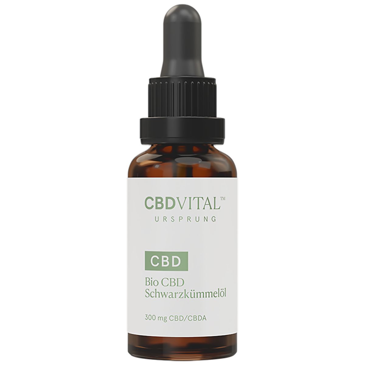 Braune Glasflasche mit schwarzem Tropfer. Aufschrift: CBD VITAL Ursprung, Bio CBD Schwarzkümmelöl. 300mg CBD/CBDA.